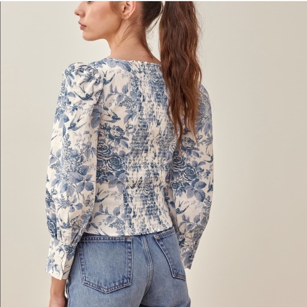 Reformation Linen Stilton Floral Romantic Square Neck Long Sleeve Top Size 10 - Picture 3 of 16